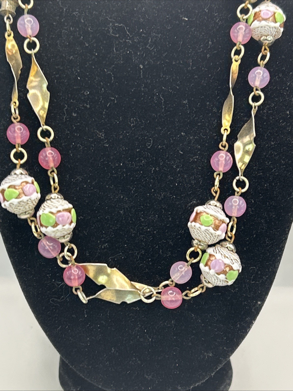 Venetian Italy Latticino Necklace Pink Green Purple White Gold Tone 1920’s VTG