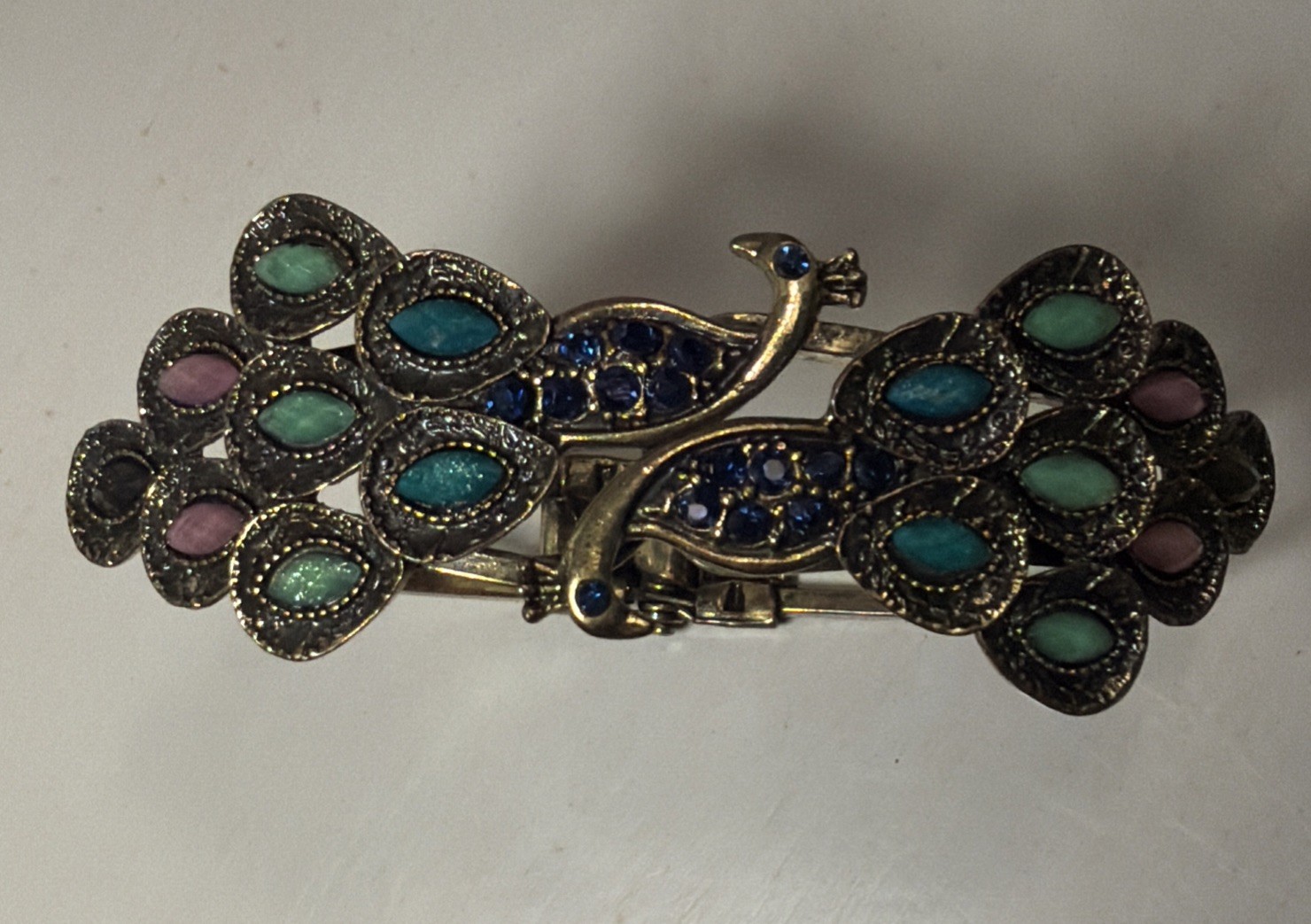 Vtg Antiqued Gold Tone Peacock Blue Green Purple Rhinestone Beads Hinge Bracelet