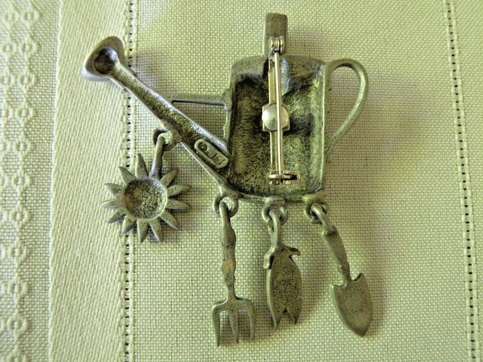 Vtg. JJ Jonette Silver Tone Garden Theme Tools, Watering Can, Flower, Dangle Pin