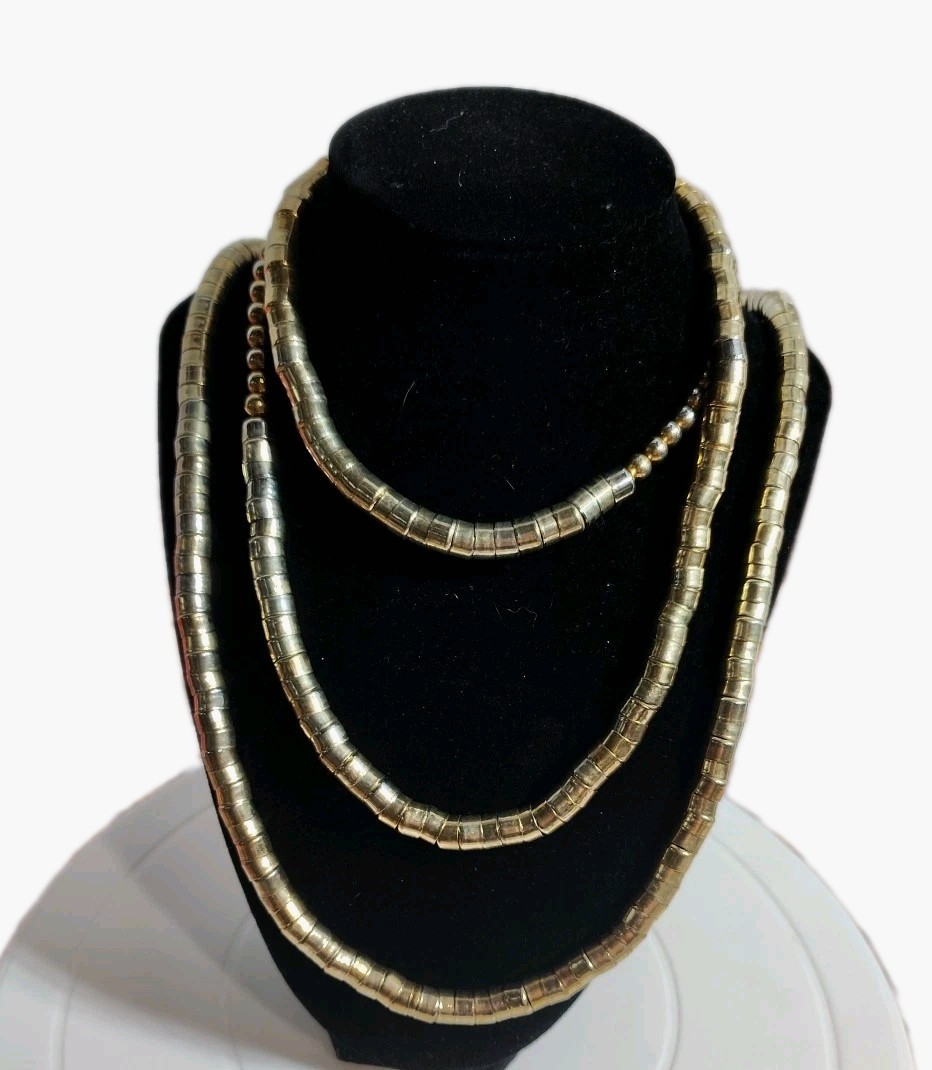 Vintage Retro Long Gold Tone Metal Beaded Statement Costume Flapper Necklace