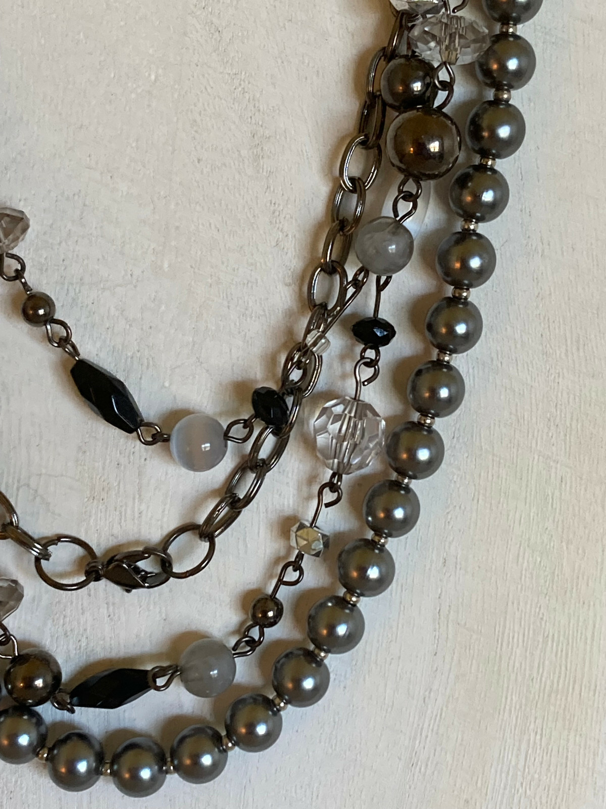 Vintage Four Strand Gray Faux Pearl, Bead and Chain Necklace – 24″