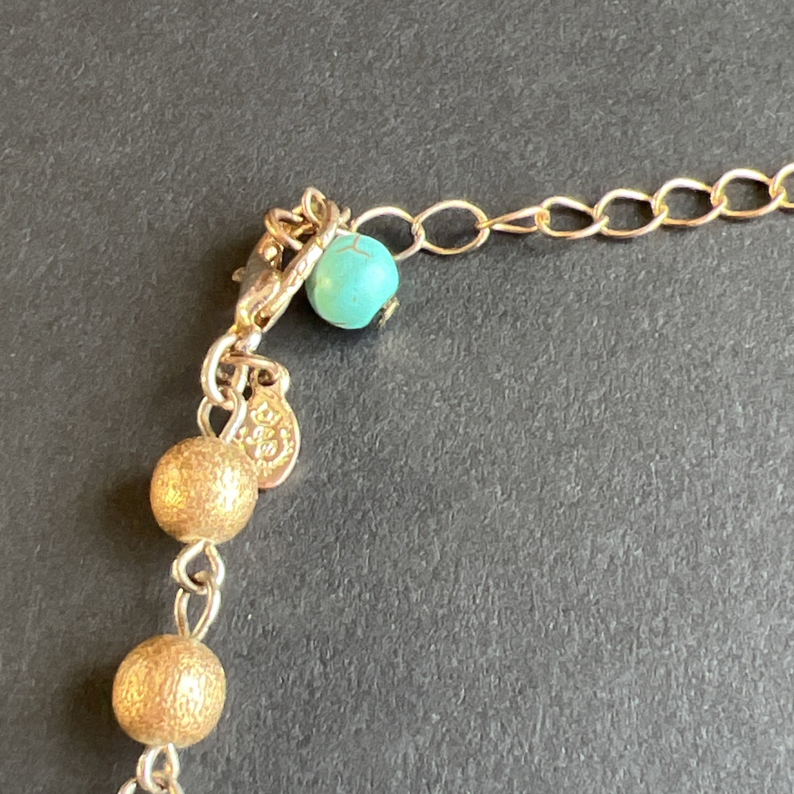 Vintage Turquoise Chip Inlay Beads Amber Mother of Pearl Abalone Bronze Necklace