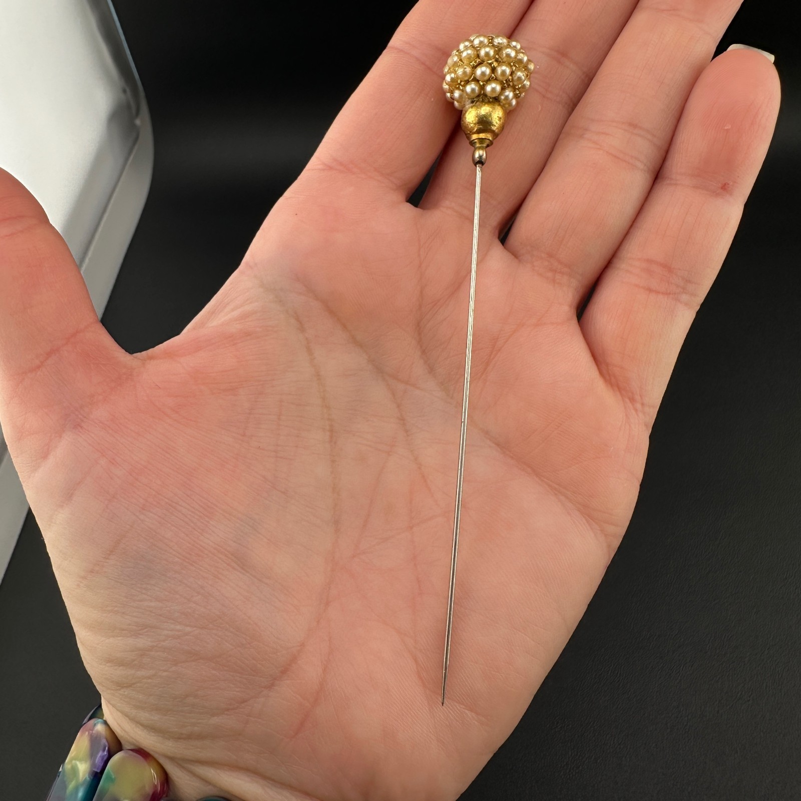 Vintage Hat Stick Pin Gold Tone Faux Seed Pearl Cluster Studded Head 4.25″