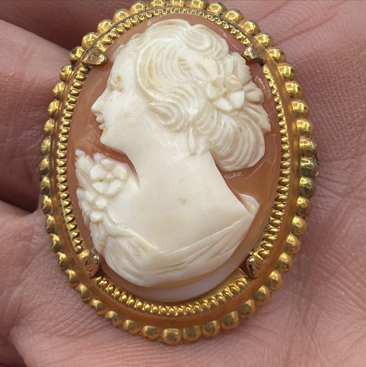 Vintage Gold Filled Shell Cameo Brooch – Carved Lady Portrait Pin