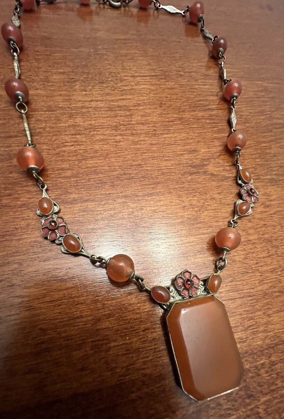 Vintage CZECH Faux Carnelian Glass Enamel Floral Station Pendant Necklace Signed