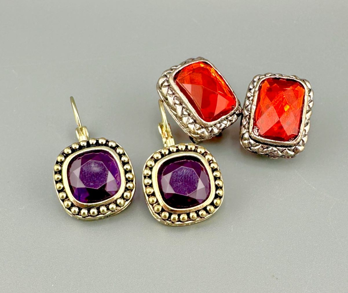 Vintage Rhinestone Earrings Lot Leverback Wingback Purple Red Silver Gold Tone
