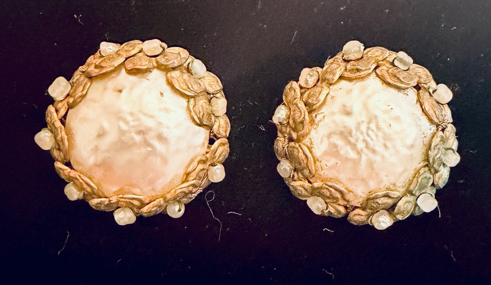 Vintage Miriam Haskell Brass Filigree Faux Pearl Clip On Earrings Mid Century