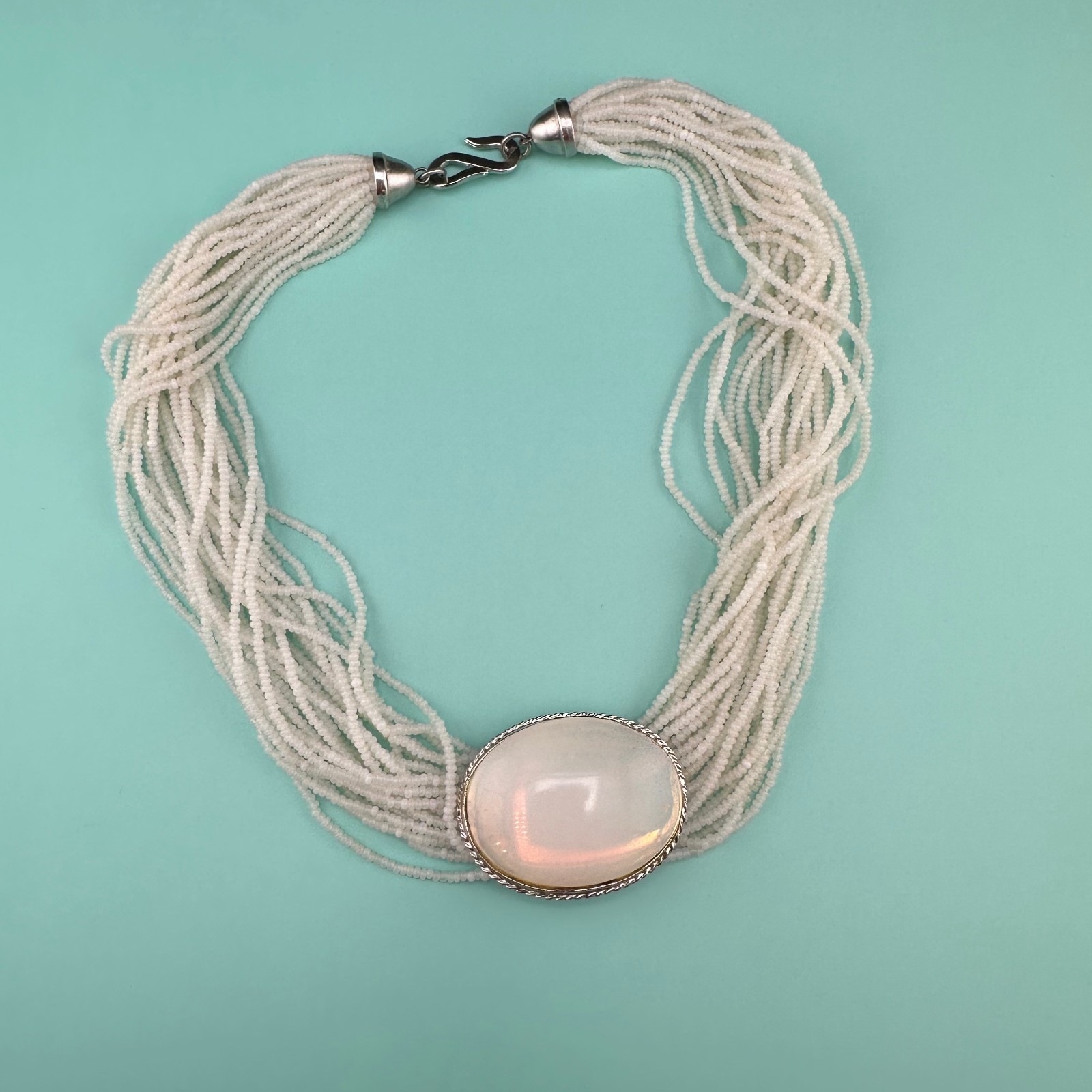 Vintage Seed Bead Opalite Necklace Multi Strand Large Oval Station Pendant 17″