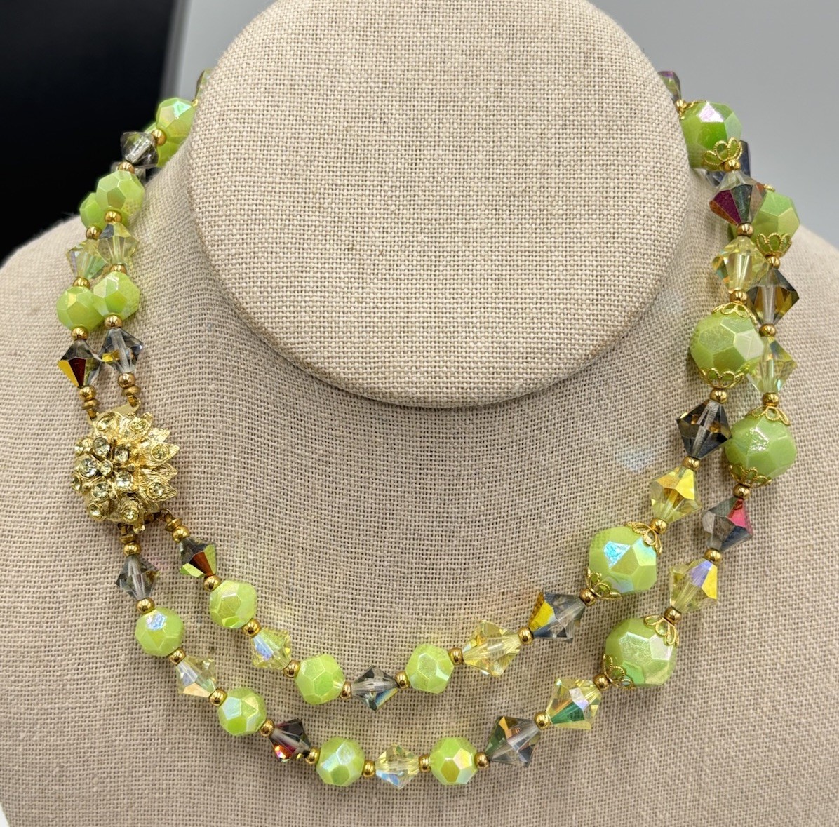 Vintage Lucite Lime Neon Green Beaded Double Strand Necklace 15″