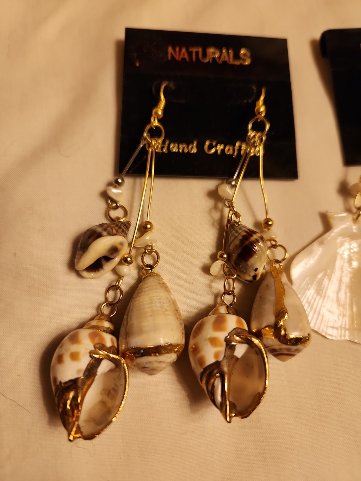 Vtg Sea shell gold trim foil natural estate Dangle Earrings 4″ Jewelry Lot of 2