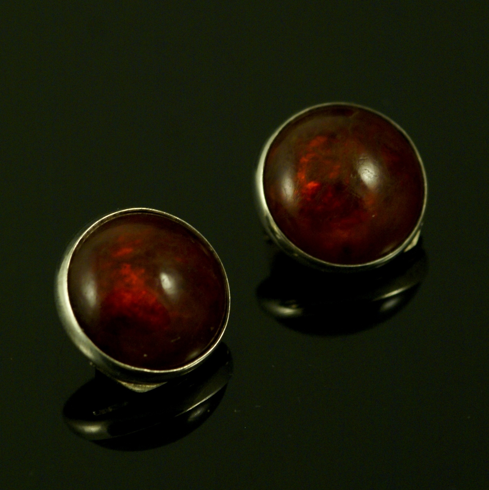 N. E. From. Sterling Silver Ear Clips with Amber. 1960s