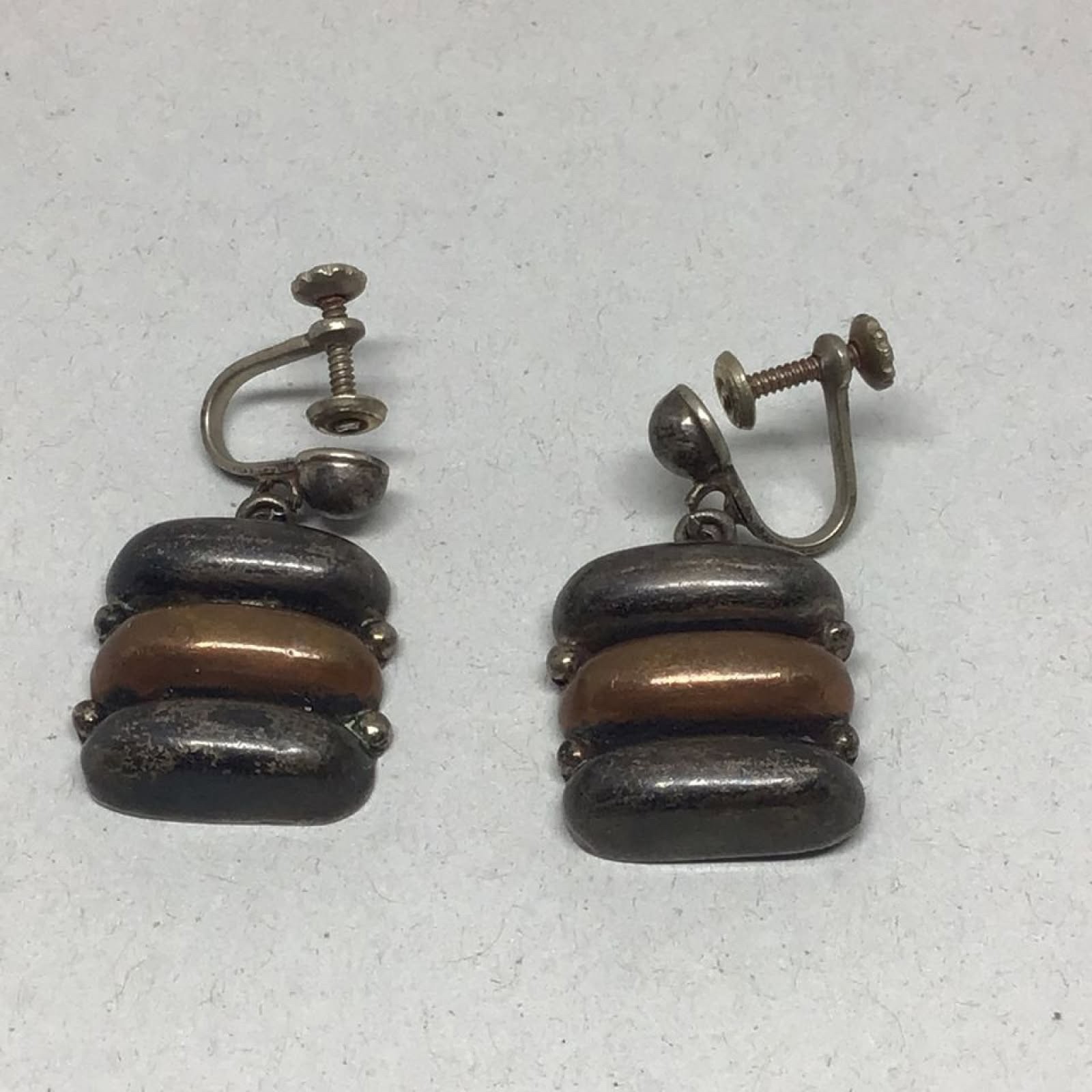 Vintage Rare Taxco Modernist M Ocampo Mexico, Sterling & Copper Earrings