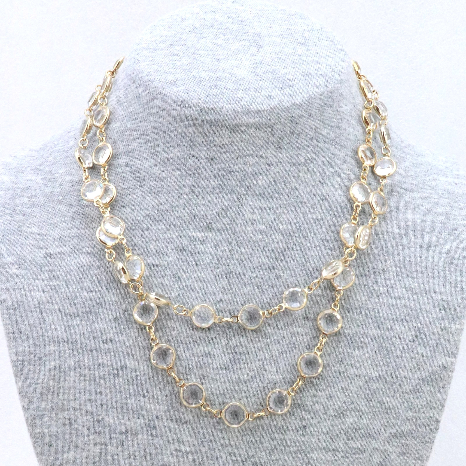 34″ Long 9mm Clear Crystal Bezel Rhinestone Necklace Signed AUSTRIAN USA Gold Tn