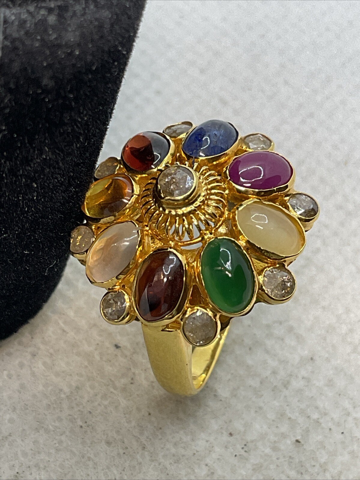 VINTAGE HANDMADE Solid 18K (750) Multicolor Gemstones & Rose Cut Diamonds Ring