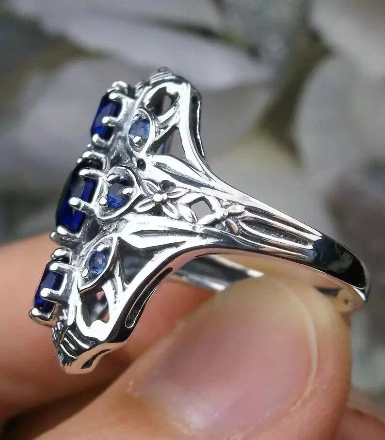 Art Deco 3.6Ct Blue Lab Created Sapphire Wedding 14K White Gold FN Filigree Ring