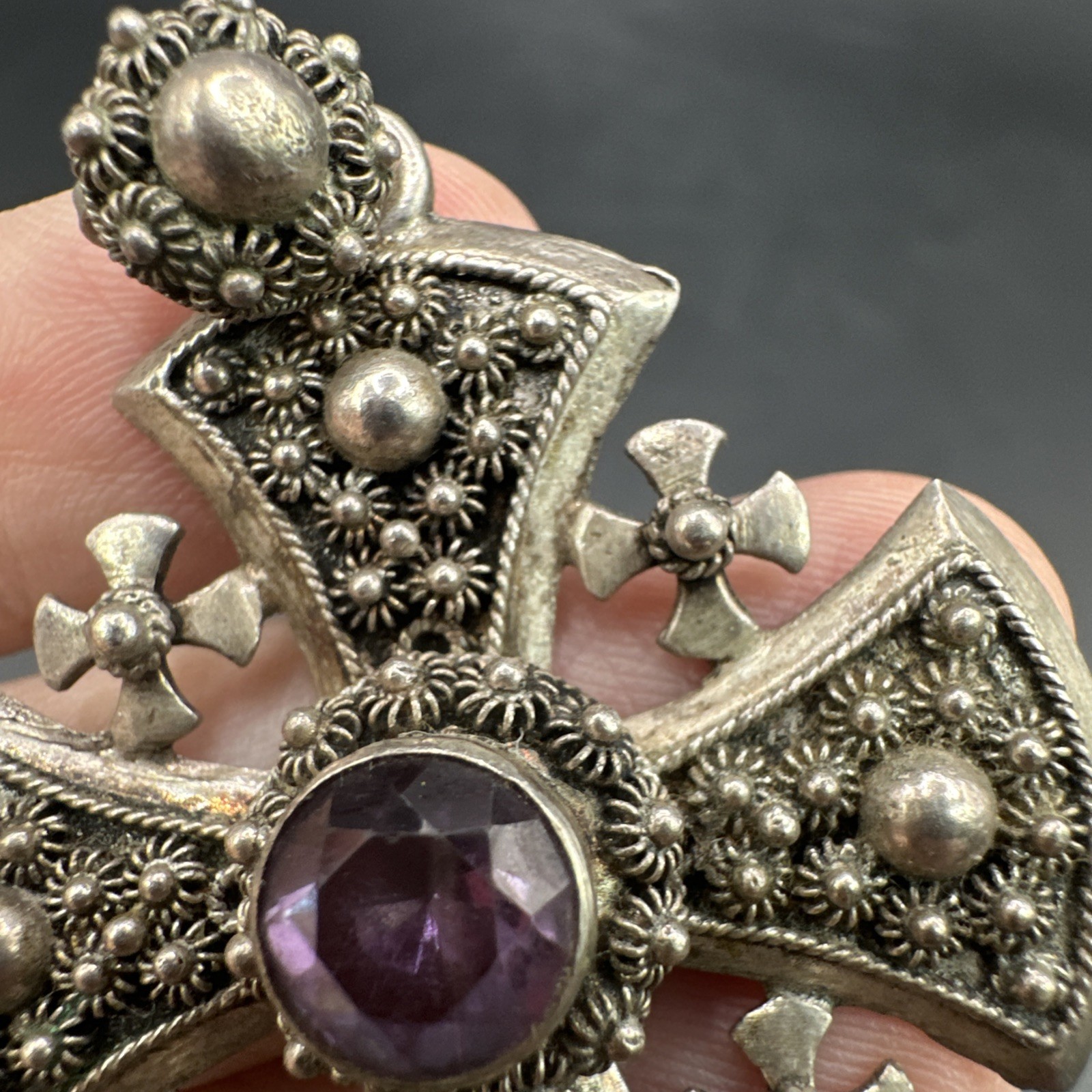 Vtg Sterling Silver Jerusalem Maltese Cross Pendant Amethyst Gothic Revival 15g