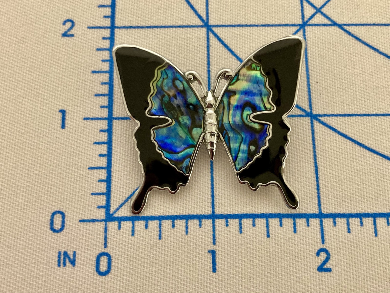 Vtg Butterfly Brooch Abalone Paua Shell Silver-Tone Black Enamel Inlay