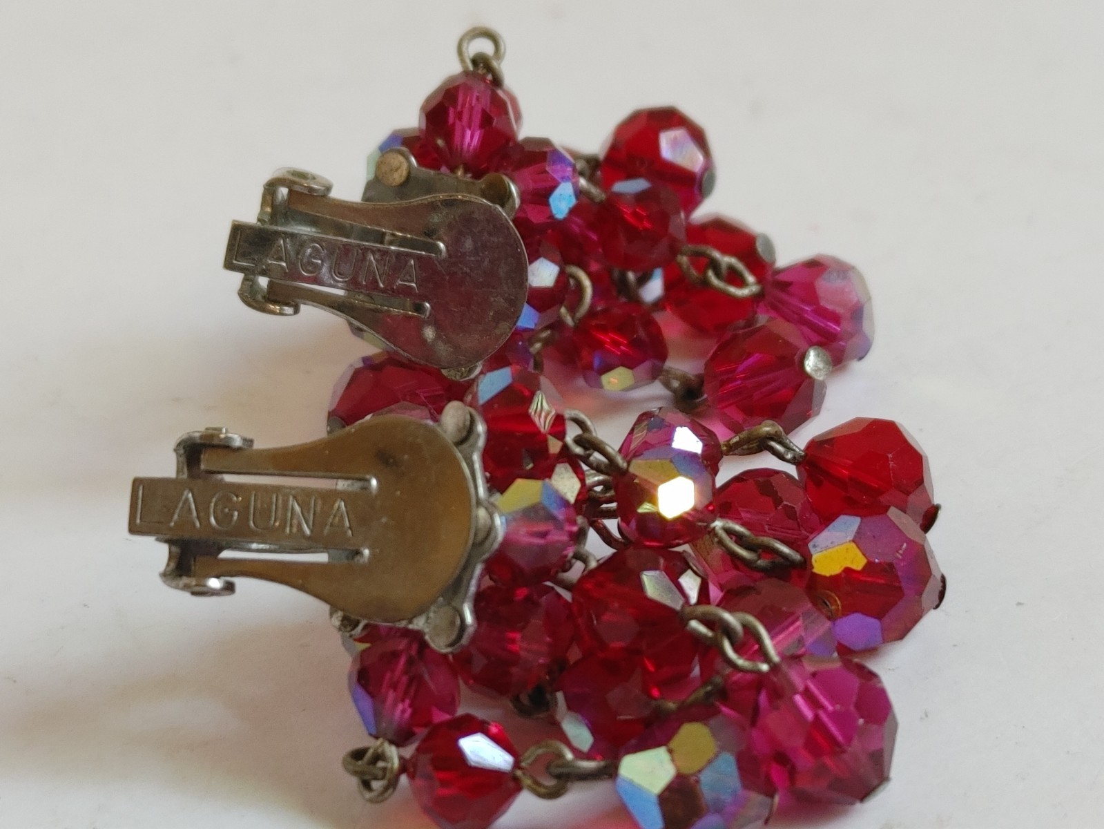Signed Laguna Red AB Crystal Clip Earrings Vintage 50s 60s Cluster Dangle ChaCha