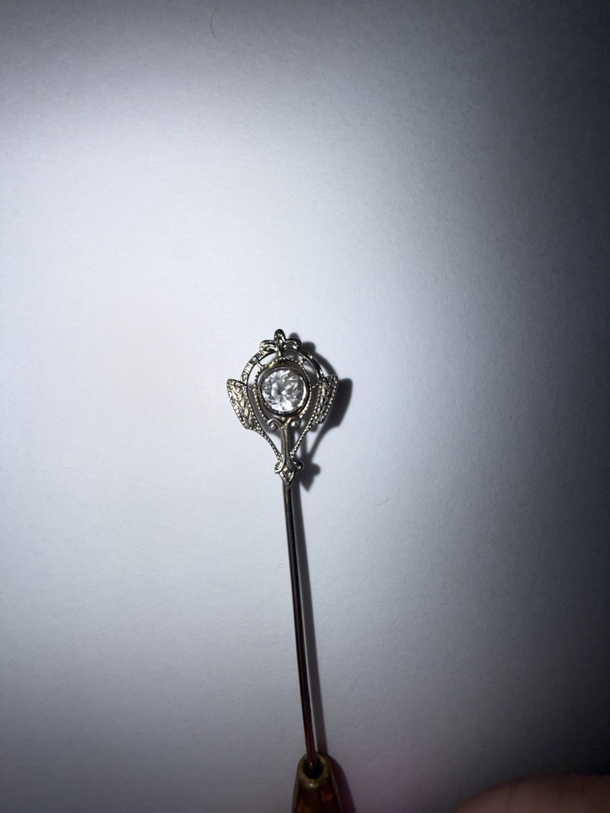 Antique Edwardian 10K Solid White Gold Colorless Topaz Stickpin