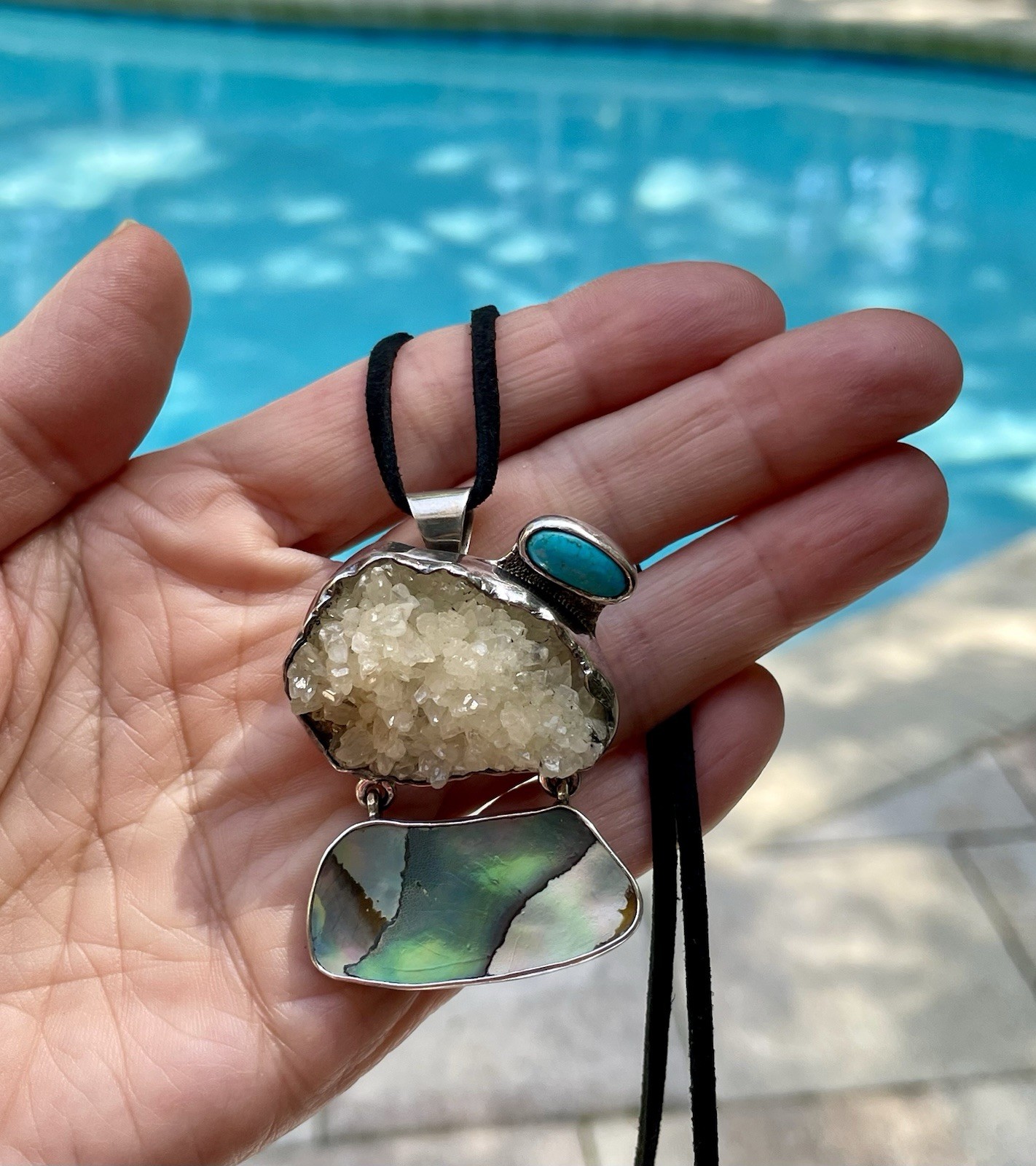 🎥Rock Crystal Rainbow Abalone Turquoise 2″ Pendant Brooch Mex Sterling Silver