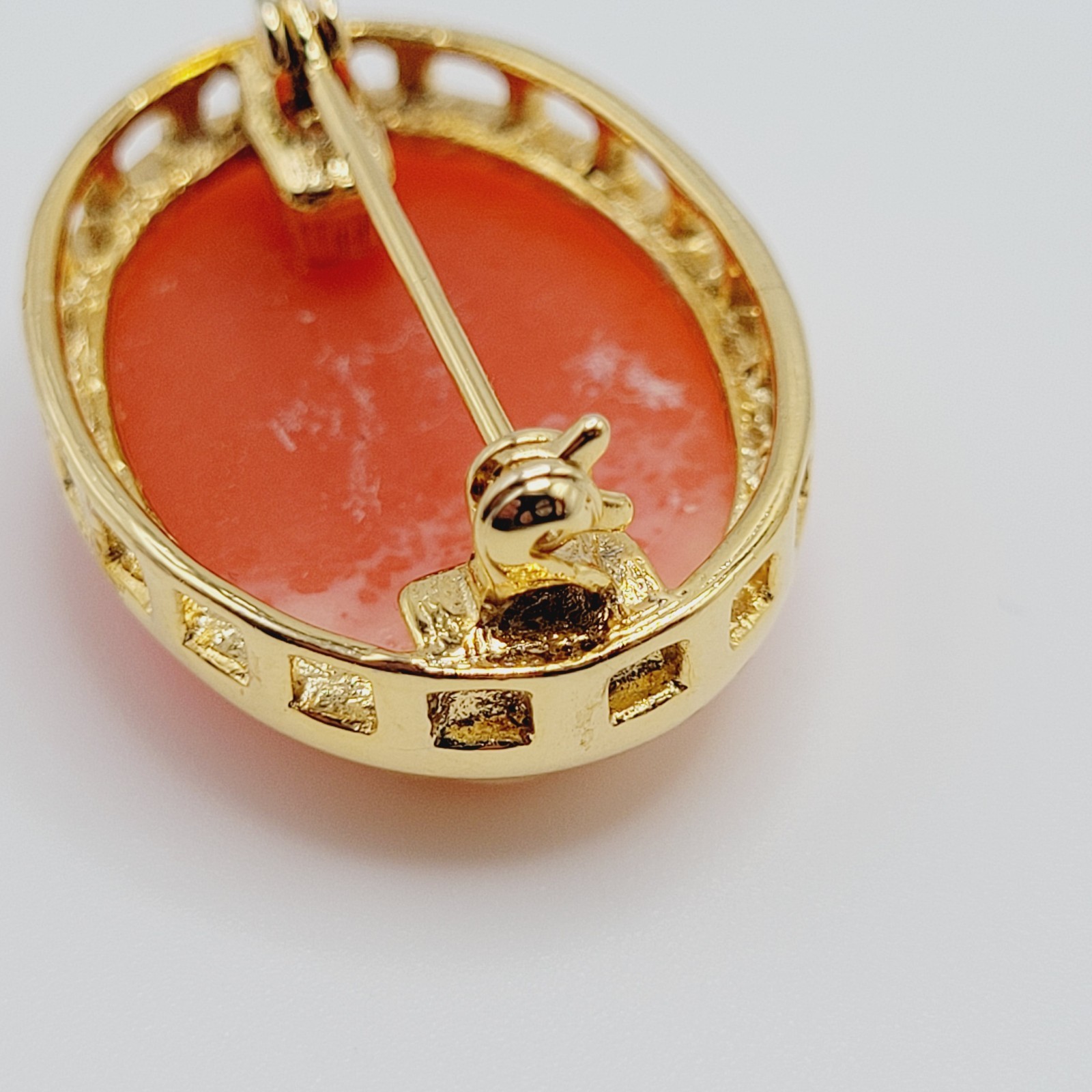 Cameo Set Resin Backed Gold Tone Open Works Frame Salmon Coral Color Revival