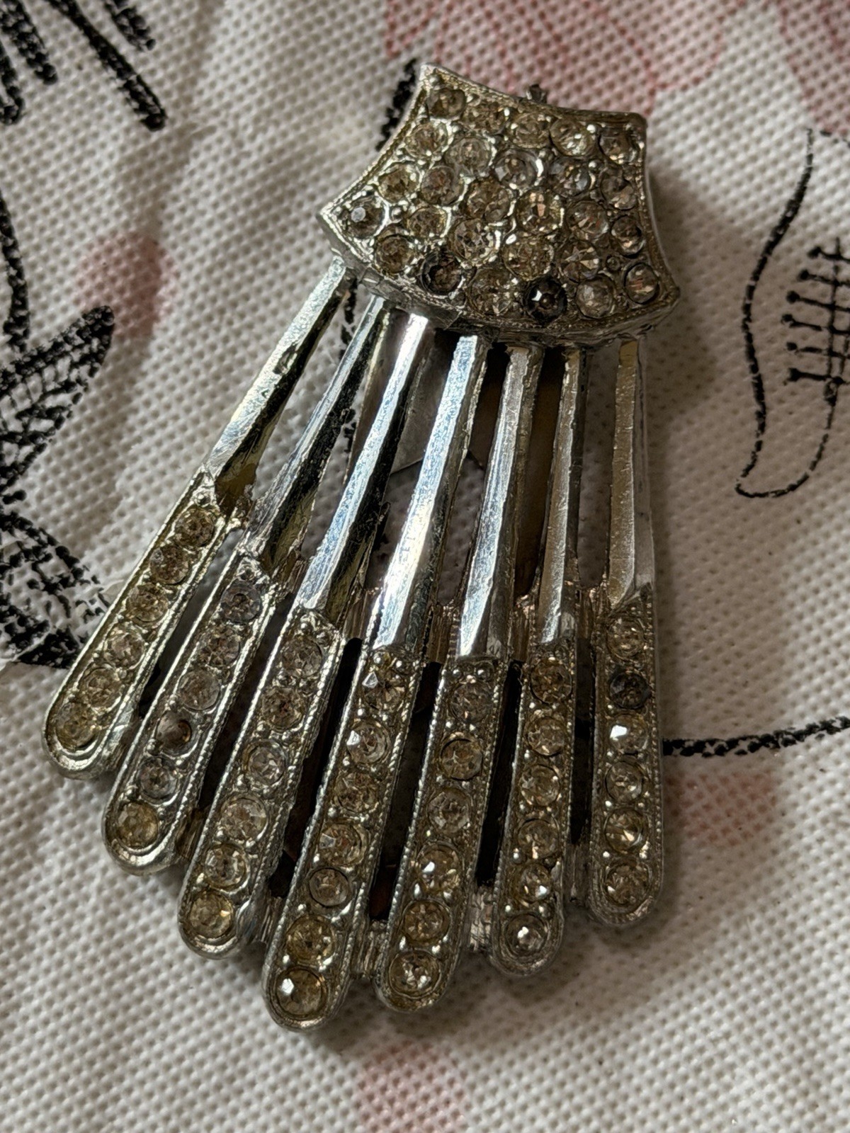 Vintage Fan Dress Clip Silver Tone Metal with Clear Round Rhinestones