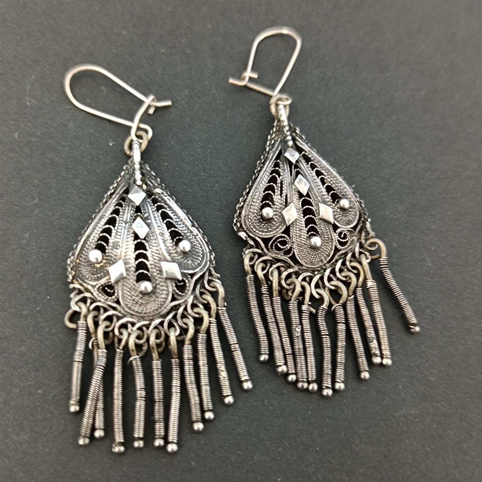 VTG Stanetzky Earrings Israel Sterling Silver Filigree Yemenite Chandelier Boho