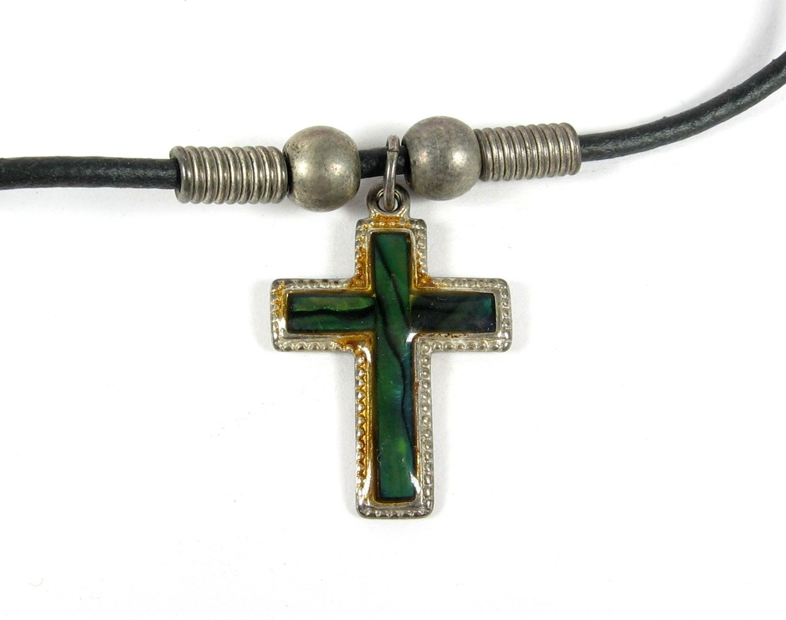 Deep Green PAUA SHELL CROSS Vintage NECKLACE Silvertone Metal Black Cording 16″