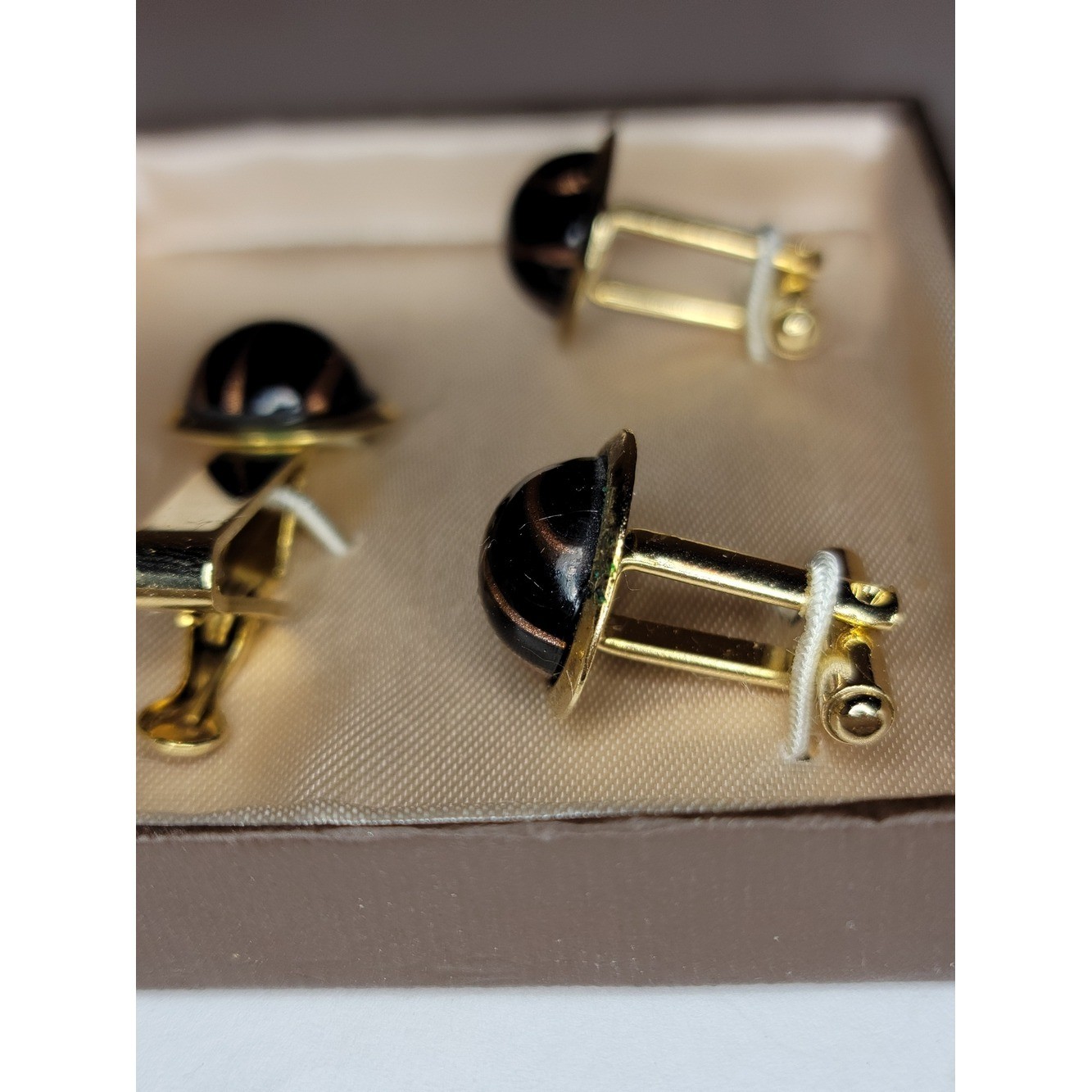 Vintage Black Copper Swirl Cufflinks Tie Clip Set Gold Tone Mid Century Original