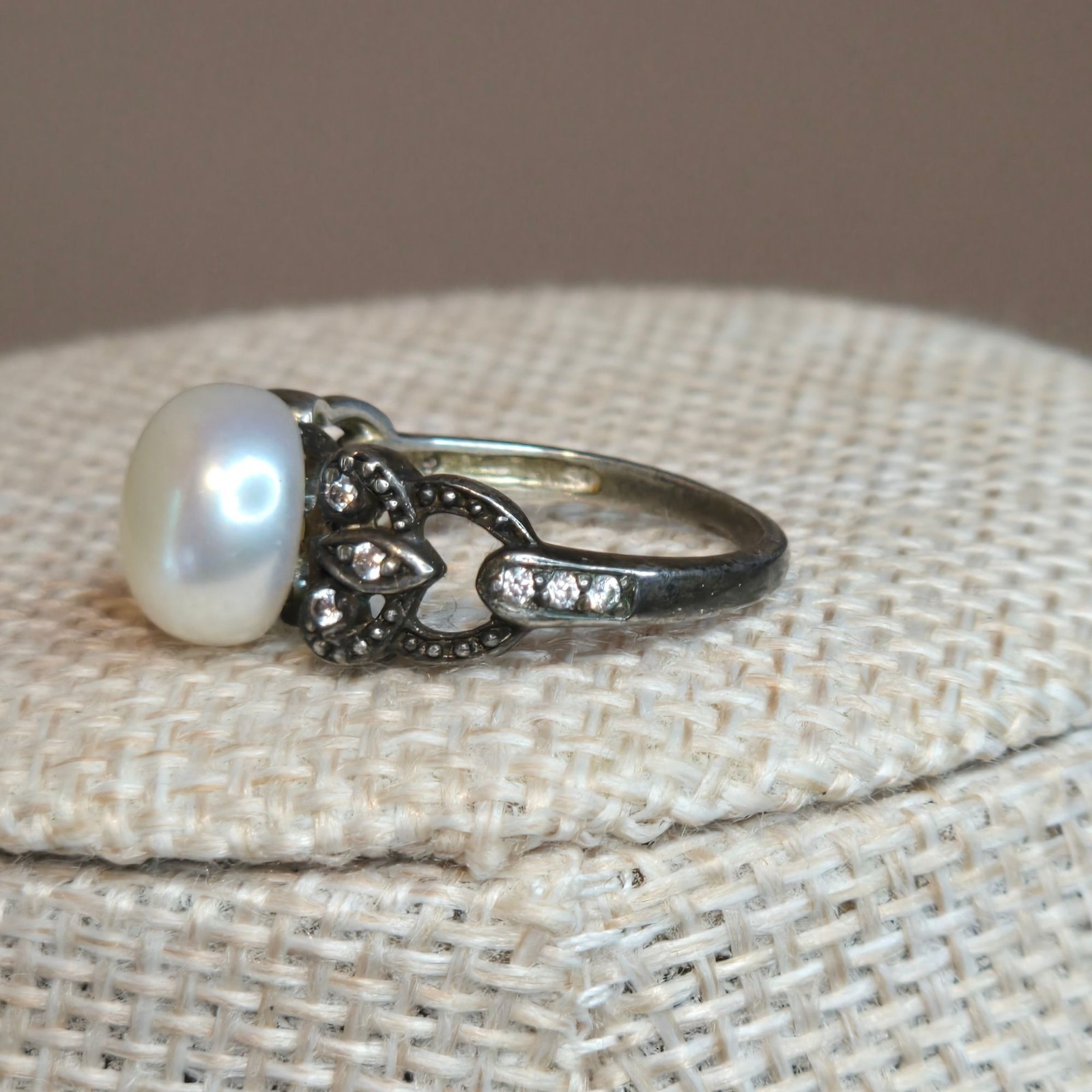 Vintage Sterling Silver Pearl Marcasite Ring Filigree Cocktail Statement size 6