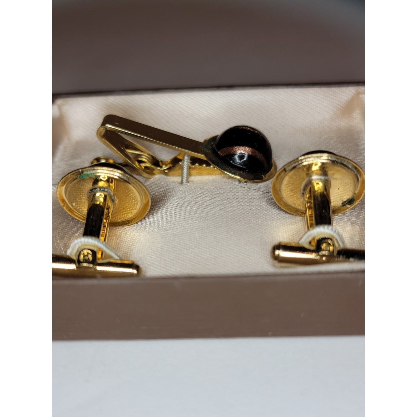 Vintage Black Copper Swirl Cufflinks Tie Clip Set Gold Tone Mid Century Original