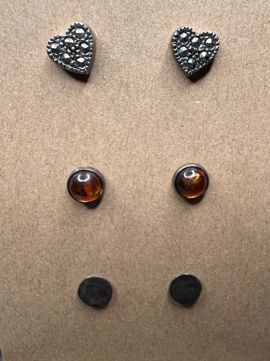VTG 925 Sterling Silver Marcasite Heart Round Amber Stud Earrings Set