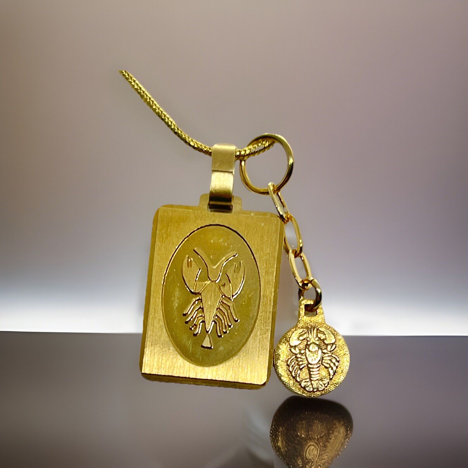Vintage Mid Century Gold Plated Cancer the Crab Zodiac Sign Goldtone Pendant 18”