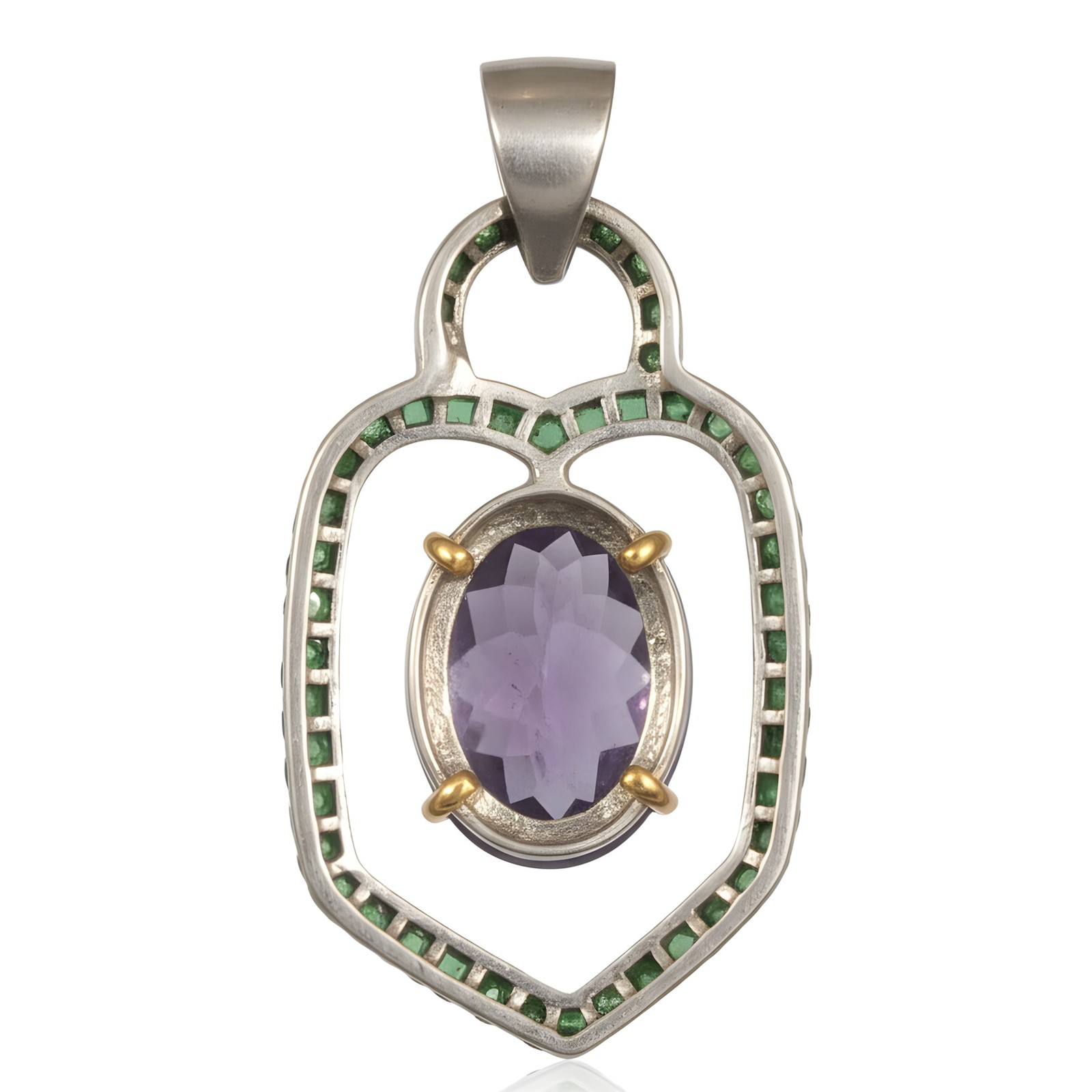 Victorian 22.5 Ct Statement Amethyst & Tsavorite Pendant in 14k Gold & Silver