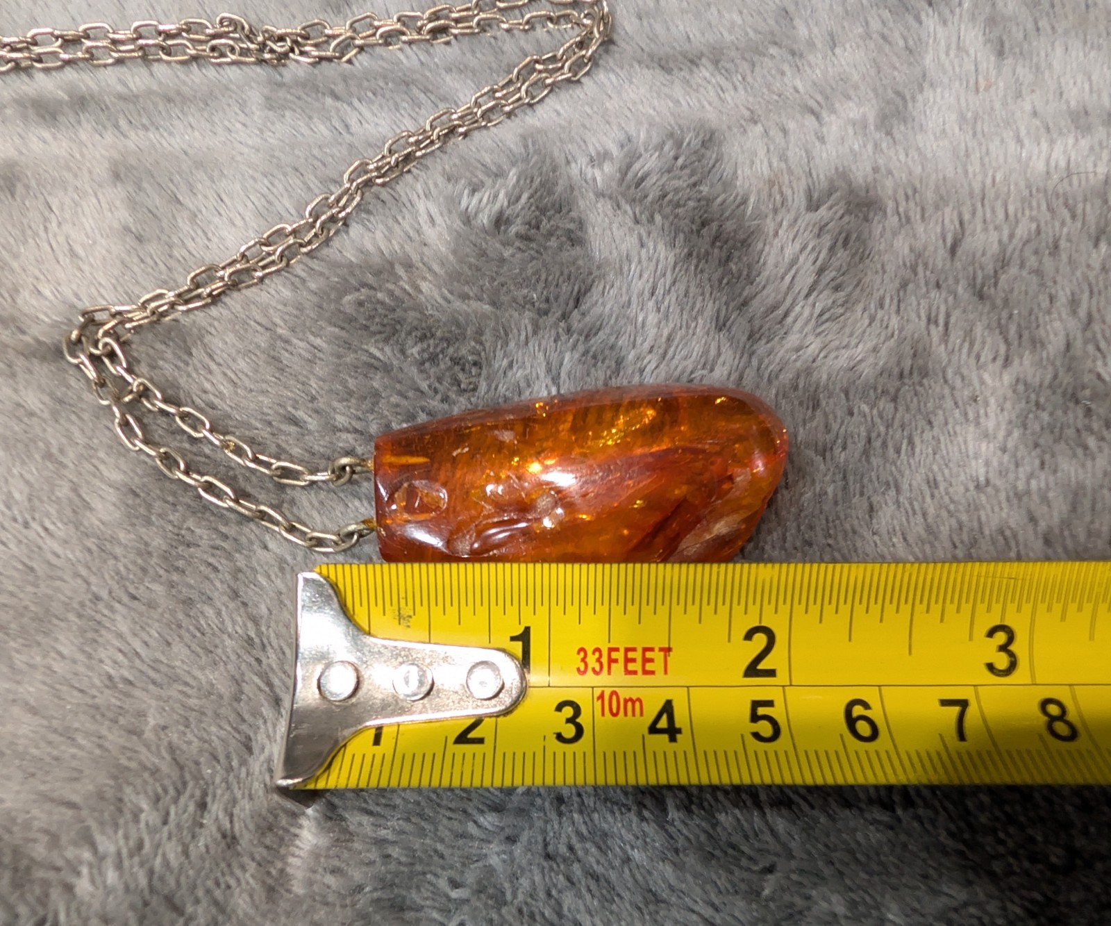 Vintage, Silver Tone, Link Chain, Baltic Amber, Resin Pendant Necklace