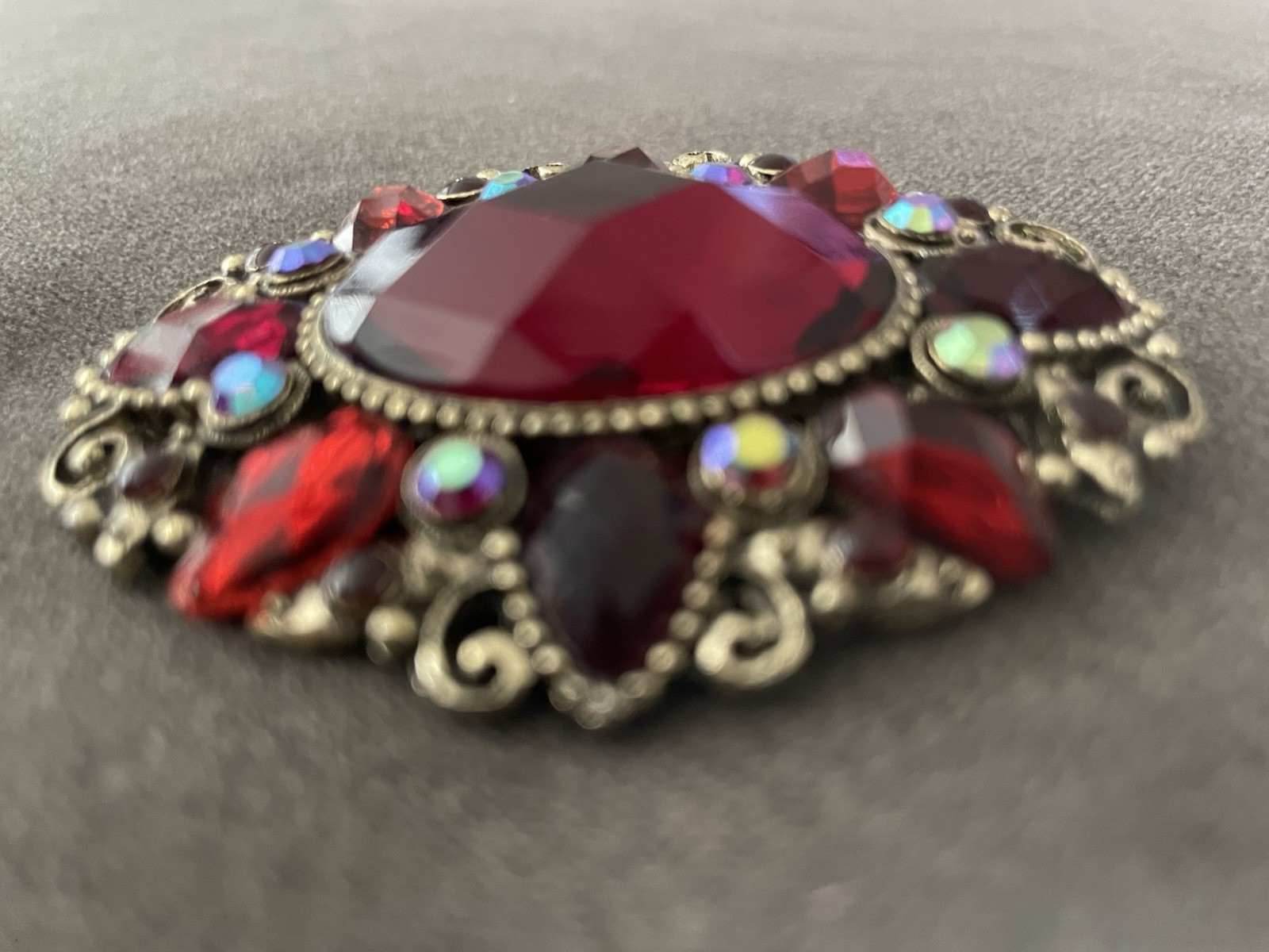 Vintage Antique Victorian Red Glass w/Small Iridescent Filigree Setting Brooch