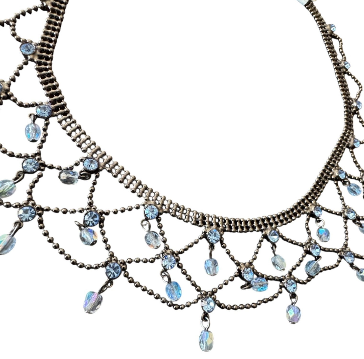 Y2K Lia Sophia Blue Rhinestone Lace Bib Choker Necklace Coquette Bead Fringe