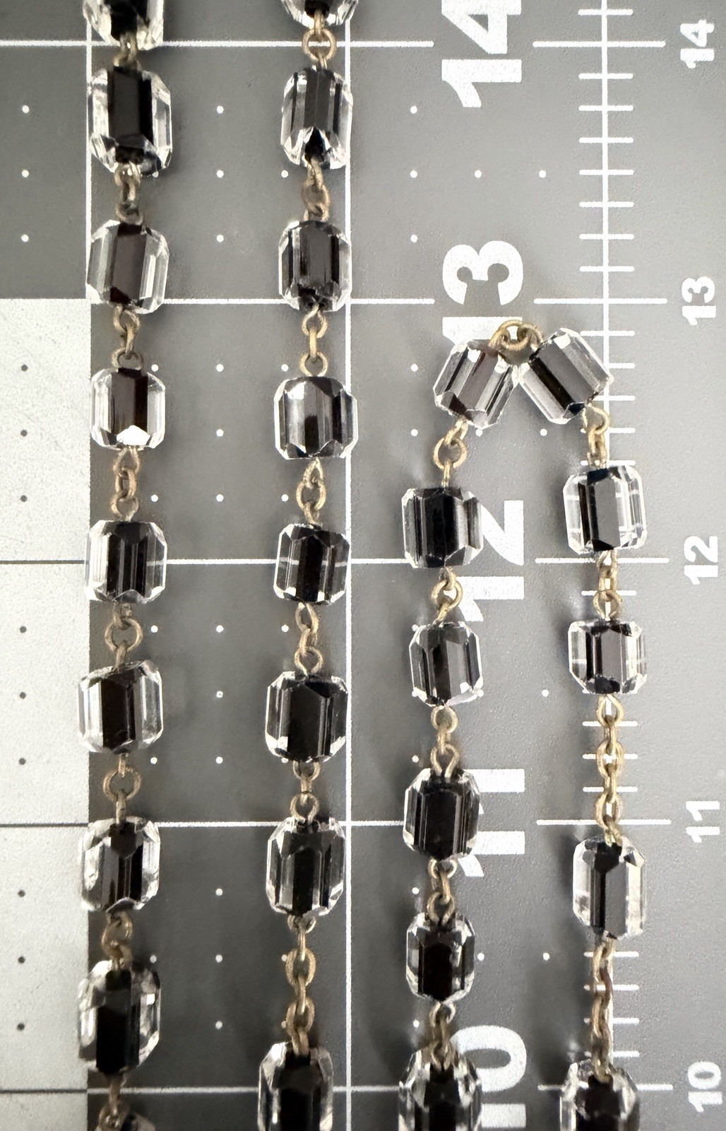 Antique Czech Jet Black & Clear Geometric Glass Bead 60″ + Extra Long Necklace