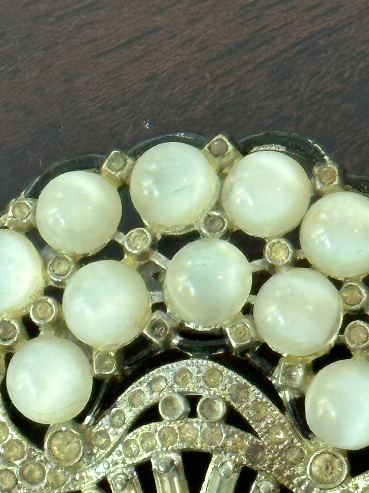 Vintage New England Glass Works Basket of Moonstone Flowers Art Deco Brooch Pin