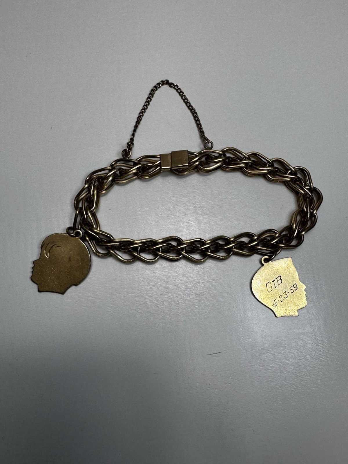 Vintage 12K Gold Filled Chain Bracelet Male Profile Charms Unmarked Retro 7” 50s