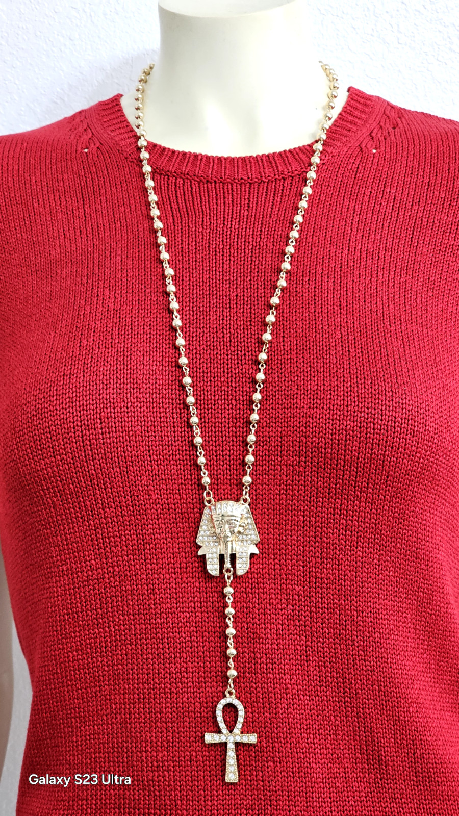 EGYPTIAN PHARAOH King Tut ankh cross21” bead rosary hip hop necklace. NWOT