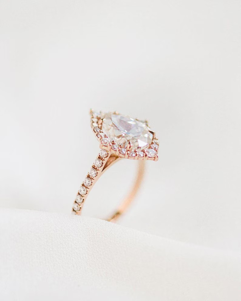 18K Rose Gold Plated 925 Silver Moissanite 3cts Pear Shape Halo Engagement Ring