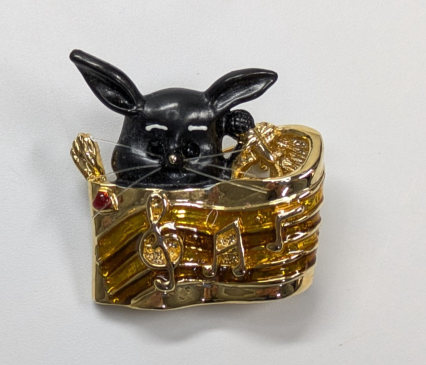 VTG Cute Black Rabbit Gold Tone Sheet Music Notes Microphone Enamel Brooch Pin