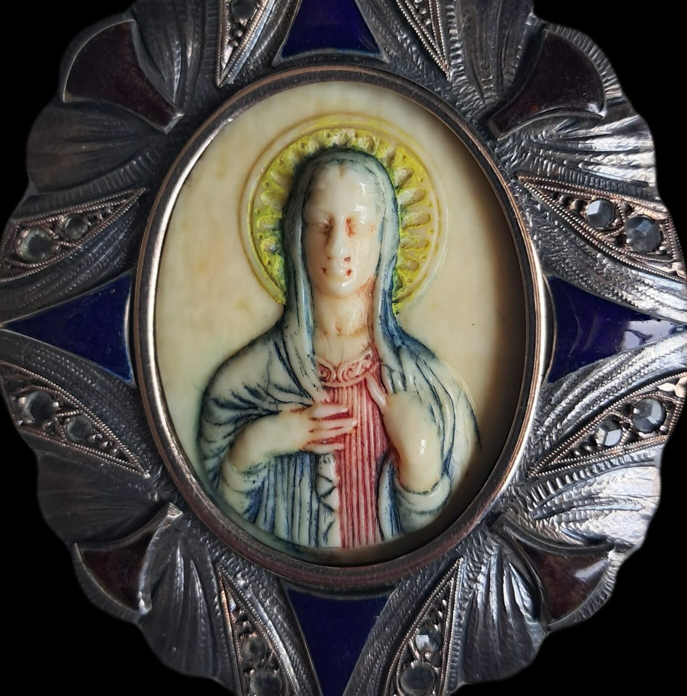 Fine Antique Art Nouveau Silver Gold Enamel Virgin Mary Madonna Pendant Ca 1900