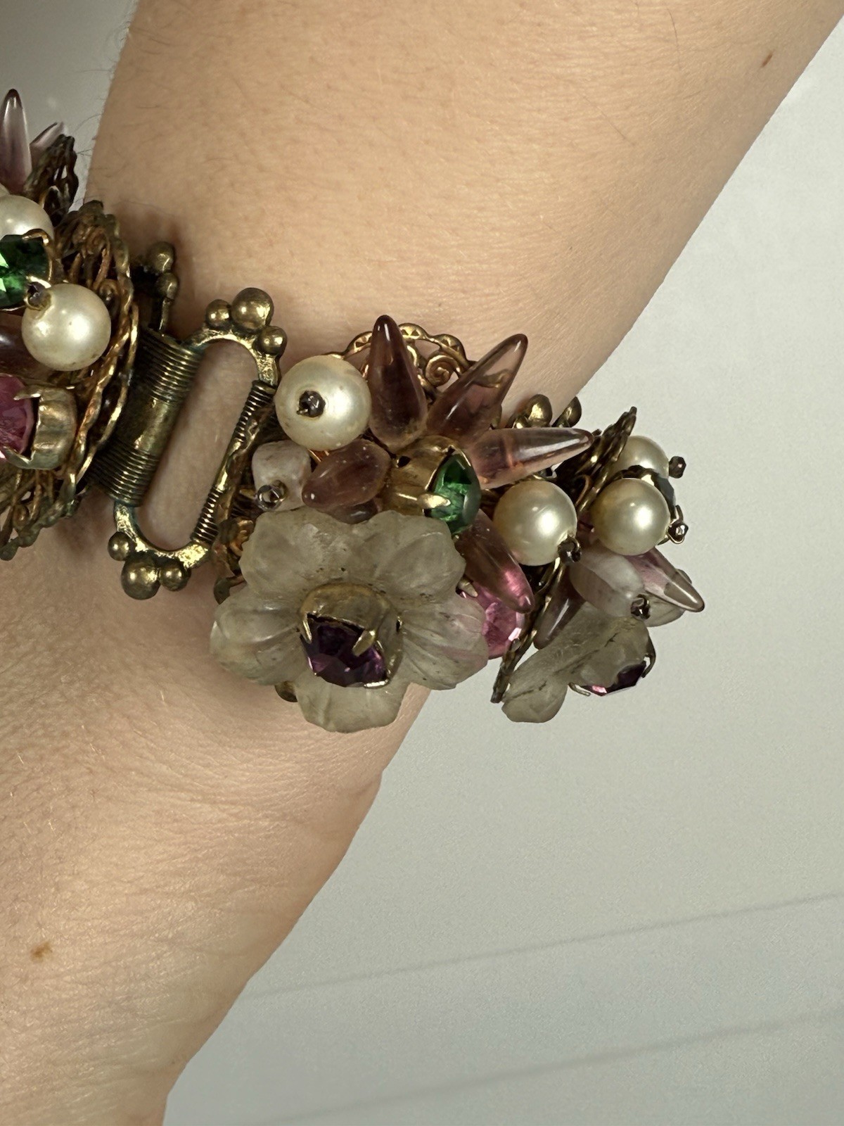 Antique Flower Glass Beaded Rhinestone Panel Bracelet 7″ Chunky 3D Book Chain