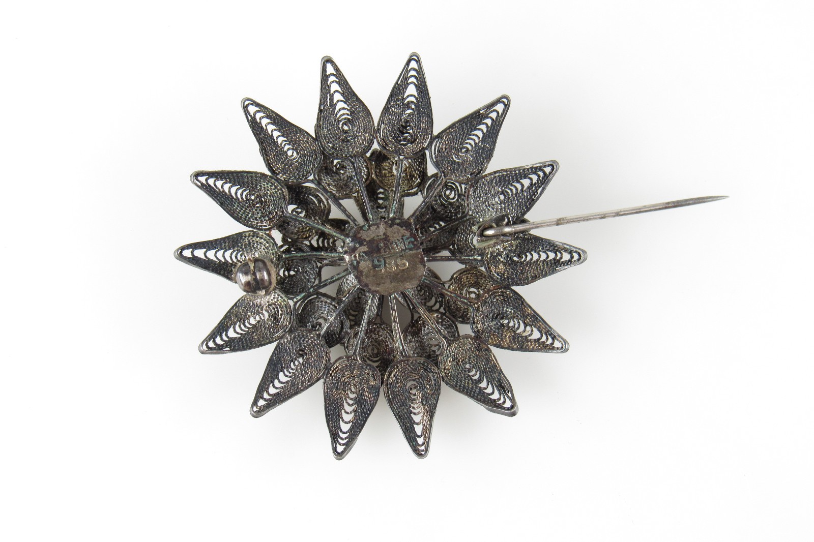 935 Argentium Silver Antique Filigree Flower Motif Brooch Pin about 1 – 3/4″