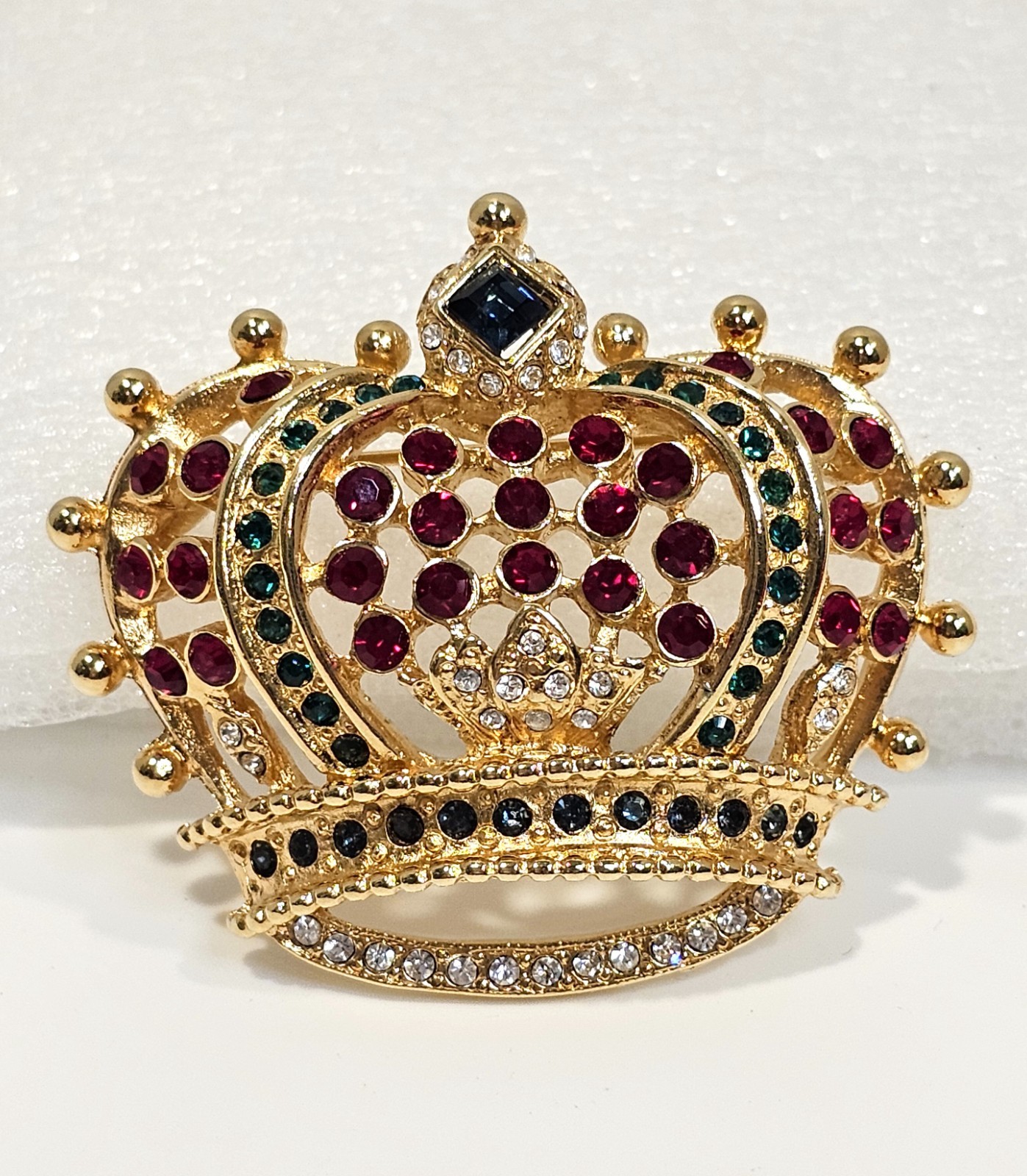 Kenneth Jay Lane crown brooch multicolor signed KJL with red pouch