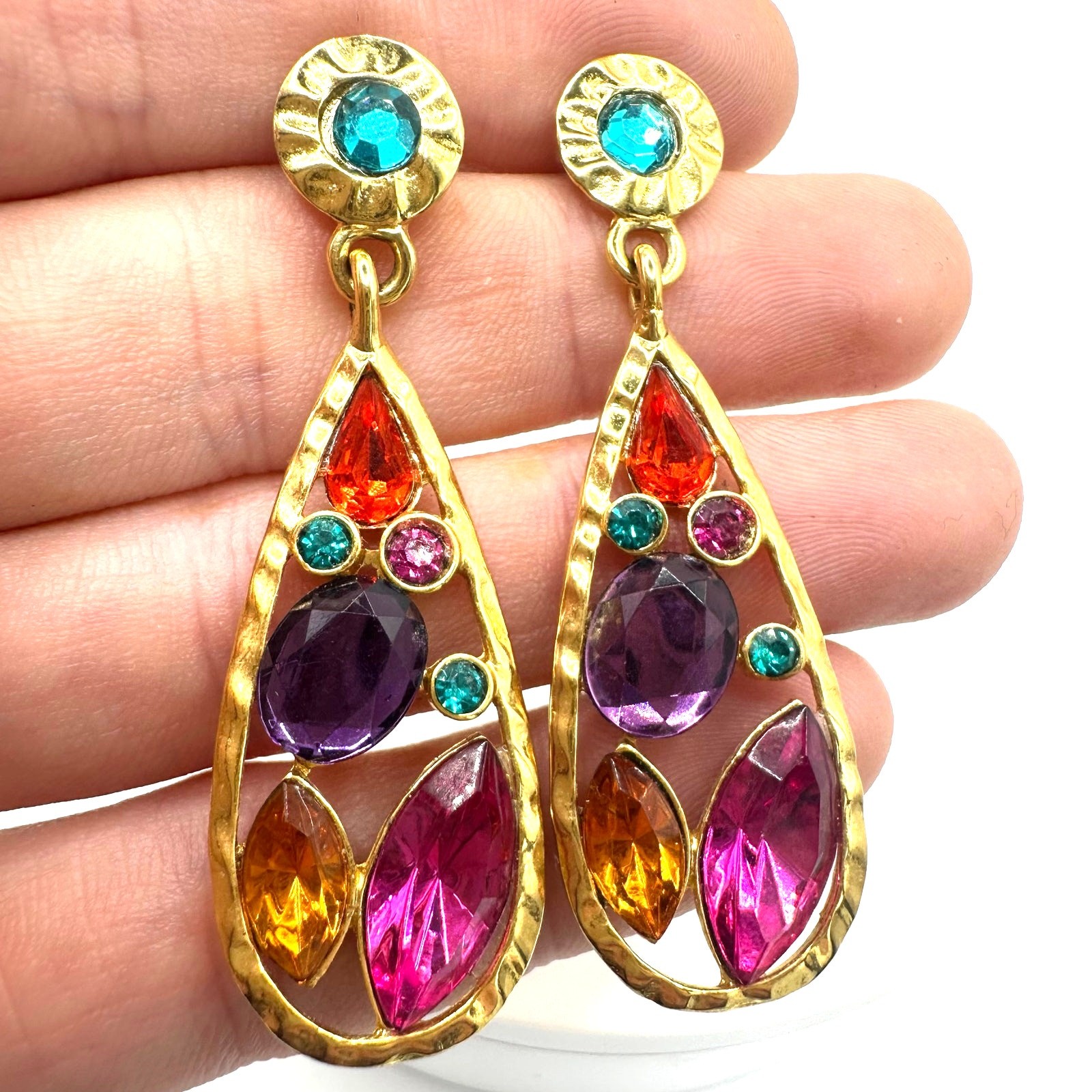Vintage 1990s gold tone multicolor rhinestones dangle drop post earrings