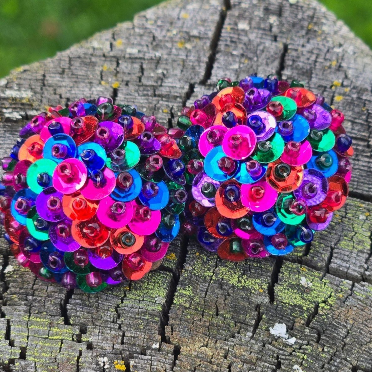 Vintage 1980s Sequin Clip On Earrings Multi Colored Large Bold Bright iridescent