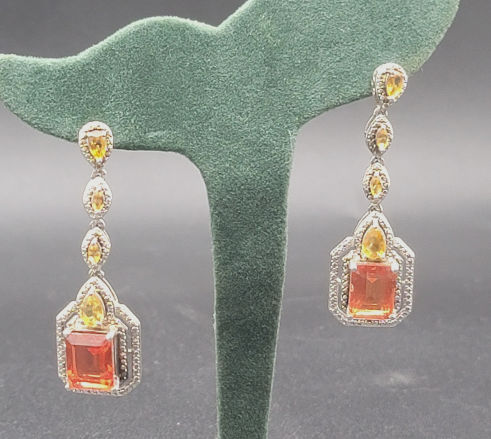 Vtg 925 STS Sterling Silver/Citrine Art Deco Pierced Post 2″Dangle Drop Earrings